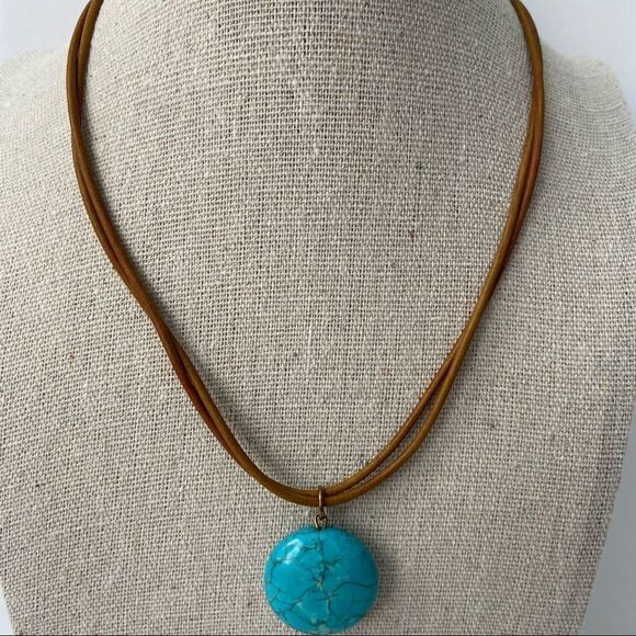 Athens Protasis Boho Choker Necklace with Round Turquoise Pendant Made in Athens - Picture 2 of 4